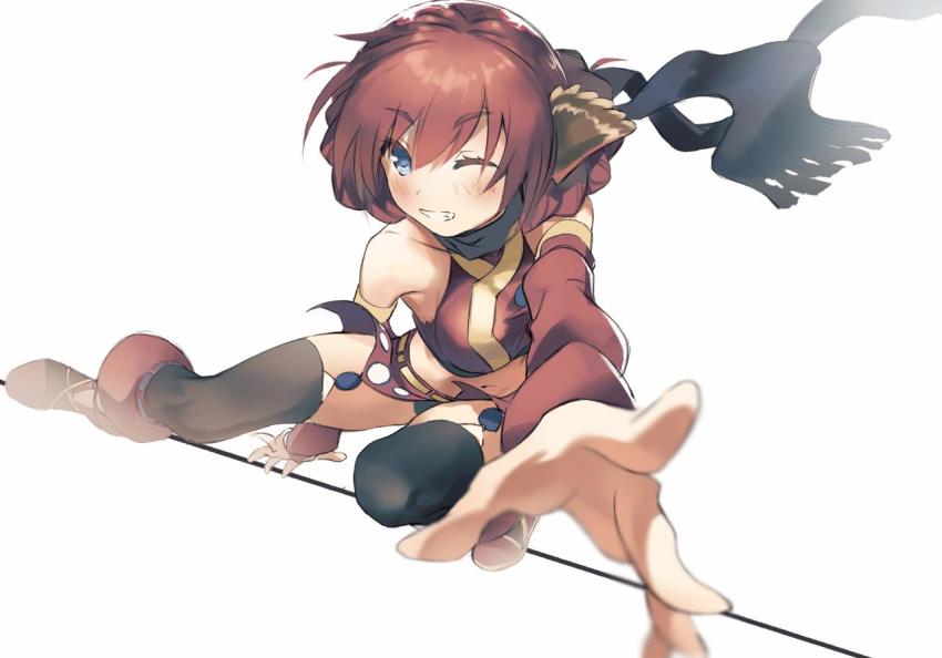 1girl, animal_ears, aquaplus, arm_up, bare_shoulders, bcm, black_scarf, blue_eyes