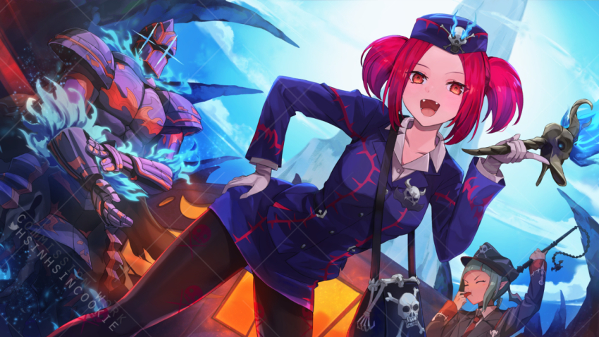 +_+, 2girls, armor, bag, beat_cop_from_the_underworld, blue_fire, collarbone, commission, duel_monster, fangs, fire, flail, gauntlets, green_hair, handbag, hat, helmet, hsin, knight, multiple_girls, pantyhose, pauldrons, red_eyes, red_hair, shoulder_armor, skull_ornament, the_phantom_knights_of_rusty_bardiche, tour_guide, tour_guide_from_the_underworld, twintails, twitter_username, weapon, whistle, yu-gi-oh!