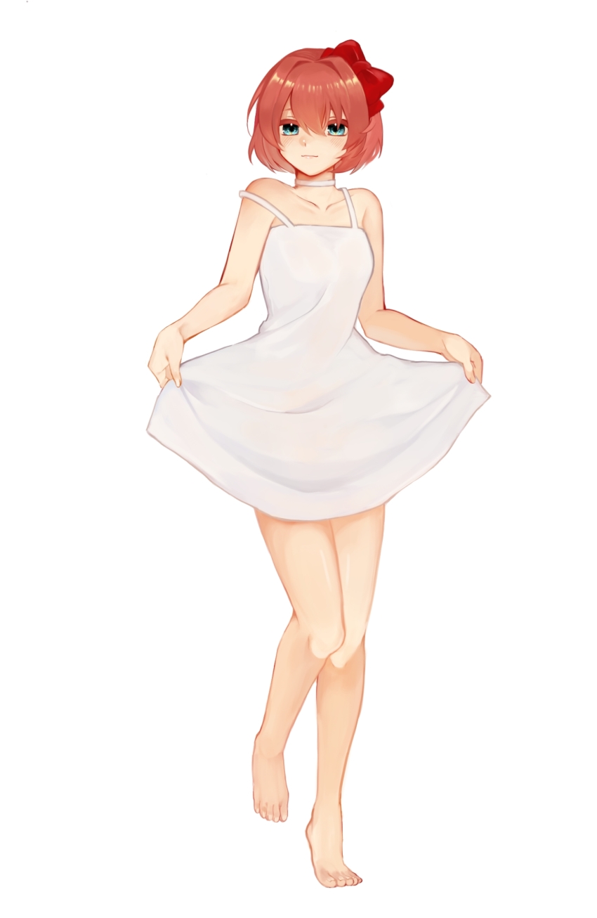 1girl, alternate_costume, azuyan, bare_arms, bare_legs, barefoot, blue_eyes, bow, brown_hair, choker, collarbone, commentary_request, doki_doki_literature_club, dress, full_body, hair_between_eyes, hair_bow, highres, holding_own_dress, looking_at_viewer, red_bow, sayori_(doki_doki_literature_club), short_hair, simple_background, solo, strap_slip, strapless, strapless_dress, sundress, white_background, white_choker, white_dress