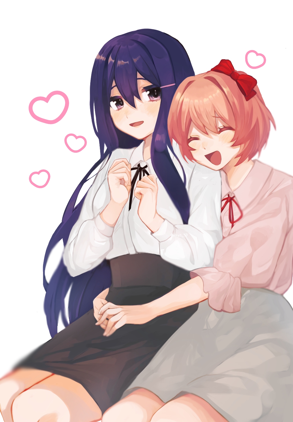 2girls, :d, ^_^, alternate_costume, azuyan, black_ribbon, black_skirt, bow, casual, closed_eyes, commentary_request, doki_doki_literature_club, hair_between_eyes, hair_bow, hair_ornament, hairclip, happy, highres, hug, long_hair, long_sleeves, looking_at_viewer, multiple_girls, neck_ribbon, open_mouth, pink_hair, pink_shirt, puffy_long_sleeves, puffy_sleeves, purple_eyes, purple_hair, red_bow, red_ribbon, ribbon, sayori_(doki_doki_literature_club), shirt, short_hair, sidelocks, simple_background, sitting, skirt, smile, very_long_hair, white_background, white_shirt, white_skirt, yuri, yuri_(doki_doki_literature_club)