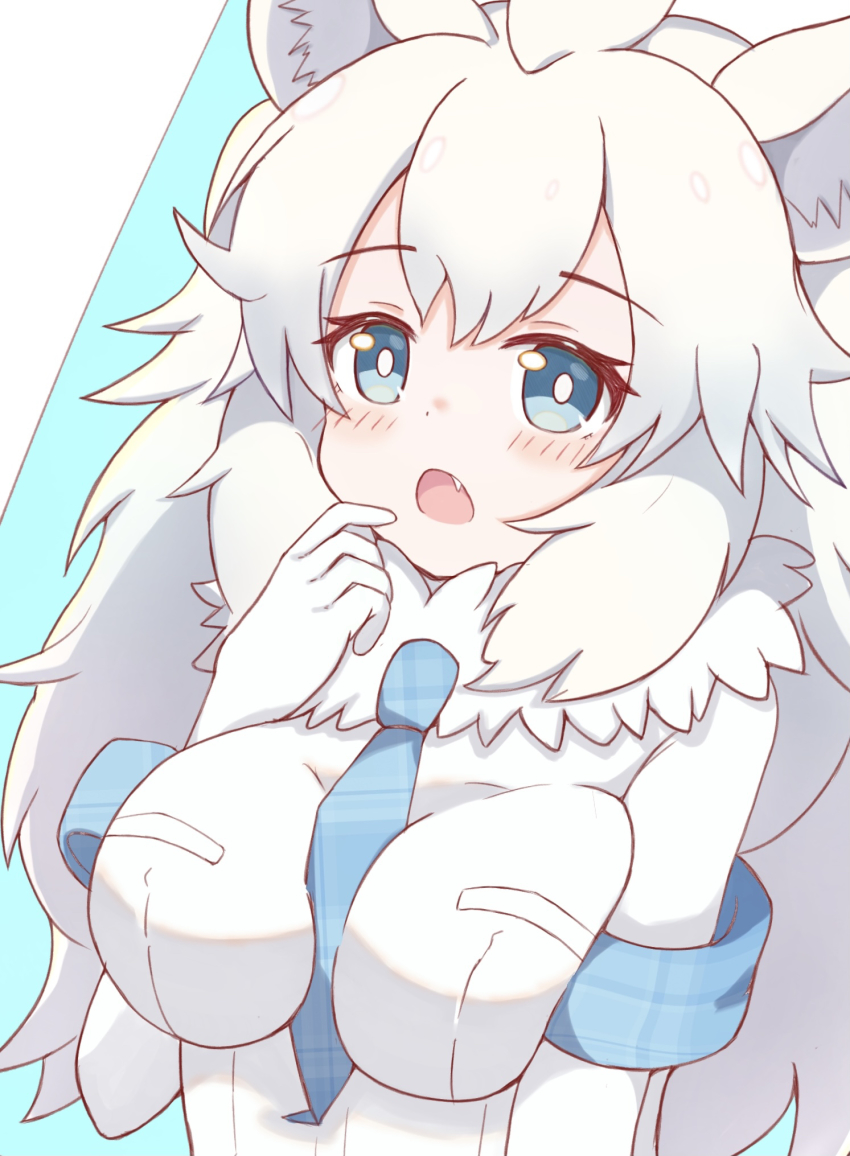 1girl, animal_ear_fluff, animal_ears, between_breasts, blue_eyes, blue_necktie, blush, breasts