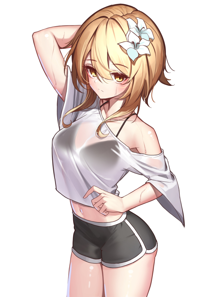 1girl, absurdres, arm_behind_head, bare_shoulders, black_bra, black_shorts, blonde_hair, bra, bra_strap, breasts, casual, closed_mouth, collarbone, cowboy_shot, crop_top, crop_top_overhang, flower, from_above, genshin_impact, hair_between_eyes, hair_flower, hair_ornament, highres, iznal, looking_at_viewer, lumine_(genshin_impact), medium_breasts, medium_hair, midriff, navel, off-shoulder_shirt, off_shoulder, see-through_clothes, see-through_silhouette, shirt, short_shorts, short_sleeves, shorts, sidelocks, simple_background, solo, swept_bangs, thighs, tsurime, underwear, upturned_eyes, wet, wet_clothes, wet_shirt, white_background, white_shirt, wide_sleeves, yellow_eyes