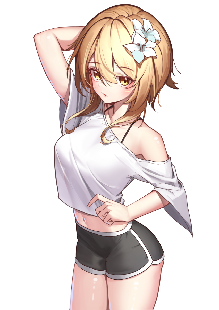 1girl, absurdres, arm_behind_head, bare_shoulders, black_shorts, blonde_hair, bra_strap, breasts