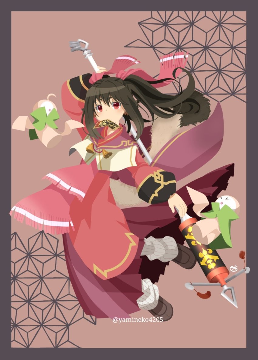 1girl, ainu_clothes, animal_ears, aquaplus, arm_above_head, arm_up, biting, black_hair, blush, breasts, dress, from_side, full_body, hair_between_eyes, hair_ribbon, highres, holding, holding_staff, holding_weapon, long_hair, long_sleeves, looking_at_viewer, mole, mole_under_eye, nekone_(utawarerumono), red_eyes, ribbon, shoes, sidelocks, signature, small_breasts, socks, staff, staff_(weapon), tail, twintails, utawarerumono, utawarerumono:_itsuwari_no_kamen, very_long_hair, weapon, yamineko4205