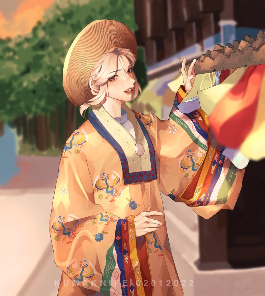 1girl, ao_nhat_binh, dress, genshin_impact, hair_ornament, hat, highres, kumaknife