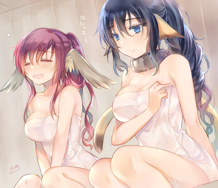 2girls, animal_ears, aquaplus, bare_arms, bare_shoulders, blue_eyes, blue_hair, blush, breasts, cleavage, closed_eyes, collar, collarbone, from_below, from_side, gradient_hair, hair_between_eyes, hair_over_shoulder, hands_between_legs, karulau, large_breasts, long_hair, multicolored_hair, multiple_girls, nose_blush, open_mouth, ponytail, purple_hair, sidelocks, signature, slave, sleeveless, tail, thighs, touka_(utawarerumono), towel, towel_over_breasts, utawarerumono, very_long_hair, wavy_hair, wet, yami_nabe23