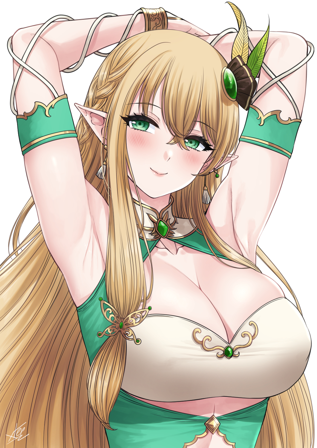1girl, aranis_elvene, armpits, arms_behind_head, arms_up, blonde_hair, blush, braid