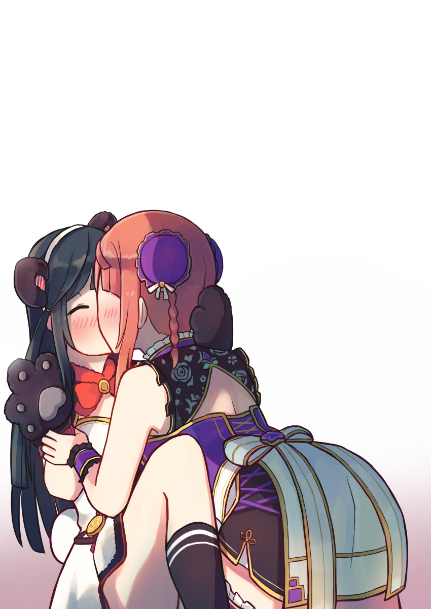 2girls, absurdres, alternate_hairstyle, animal_ears, animal_hands, apron, aqua_flower, armlet