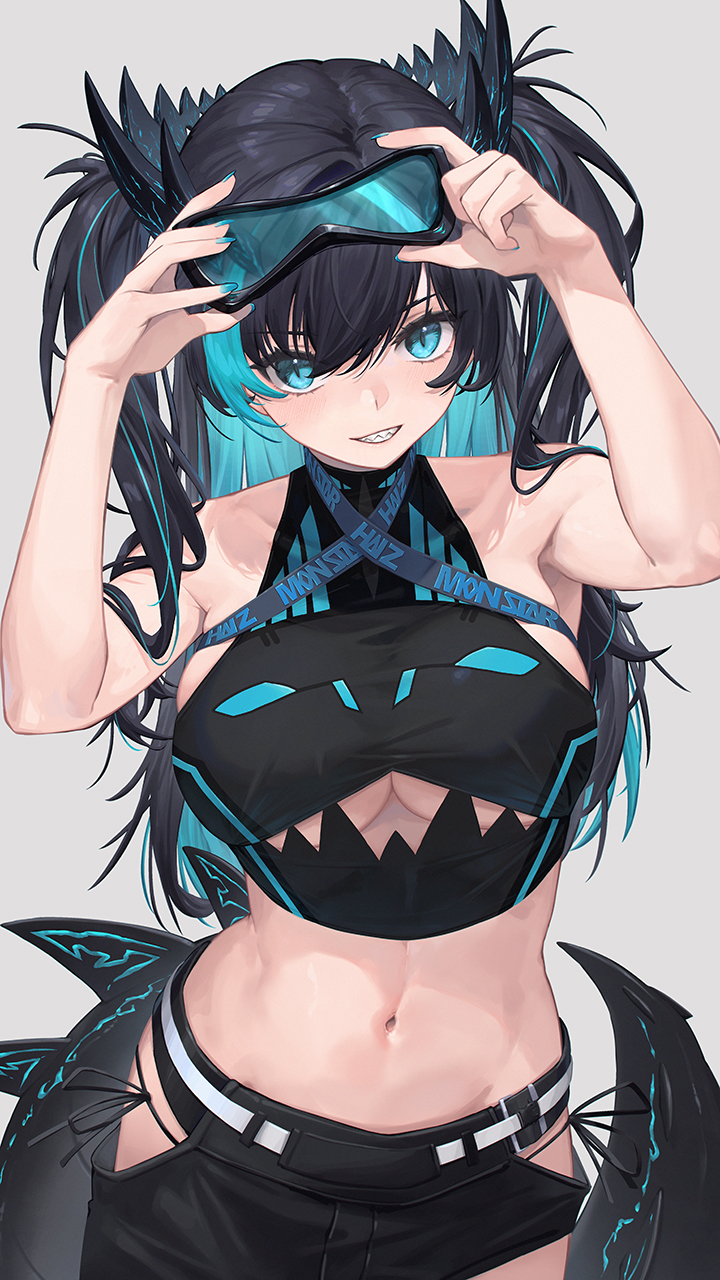 1girl, asymmetrical_clothes, black_hair, blue_hair, blue_nails, breasts, clothes_writing, clothing_cutout, grey_background, hair_between_eyes, haiz_(vtuber), highres, hip_vent, horns, large_breasts, long_hair, looking_at_viewer, midriff, monstar_(company), multicolored_hair, nail_polish, navel, sharp_teeth, simple_background, solo, streaked_hair, teeth, underboob, unworn_eyewear, virtual_youtuber, whitem_(whiteemperor2020)