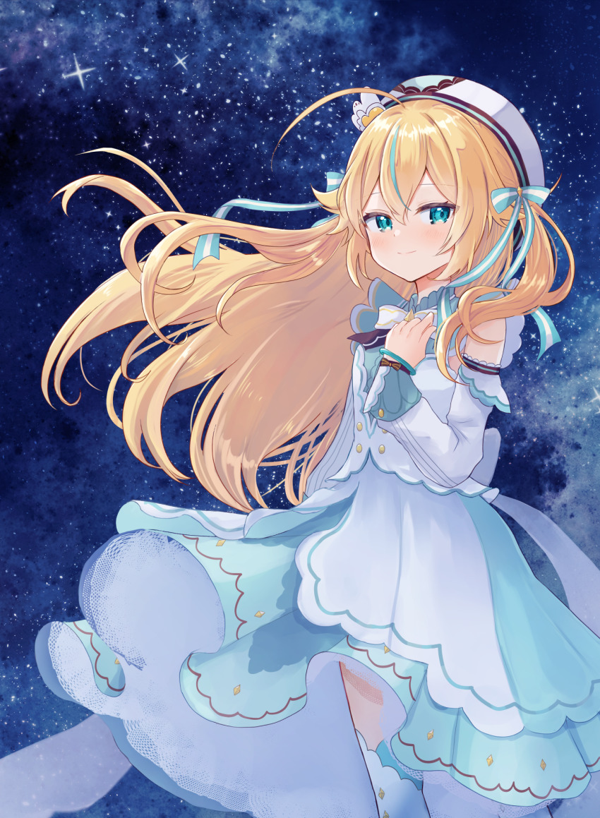 1girl, ahoge, beret, blonde_hair, blue_eyes, breasts, chidori_hina_(vtuber), detached_sleeves, dress, hair_between_eyes, hair_ornament, hand_on_own_chest, harvest_moon_(vtuber), hat, highres, long_hair, looking_at_viewer, night, resolution_mismatch, sese_nagi, sky, small_breasts, smile, solo, source_smaller, star_(sky), starry_sky, thighhighs, virtual_youtuber