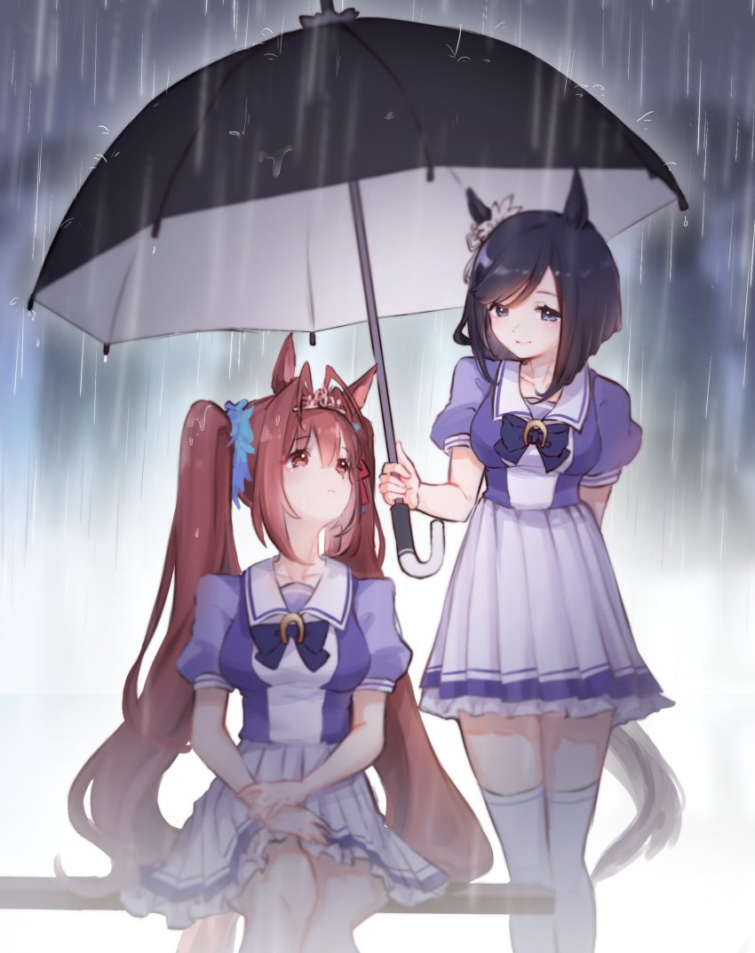 2girls, animal_ears, antenna_hair, black_hair, blue_bow, blue_eyes, bow, breasts, brown_eyes, brown_hair, commentary, daiwa_scarlet_(umamusume), ear_ornament, eishin_flash_(umamusume), english_commentary, hairband, highres, holding, holding_umbrella, horse_ears, horse_girl, horse_tail, long_hair, medium_breasts, multiple_girls, on_bench, rain, school_uniform, scrunchie, short_hair, sitting, sonori, standing, tail, thighhighs, twintails, umamusume, umbrella, white_legwear, zettai_ryouiki