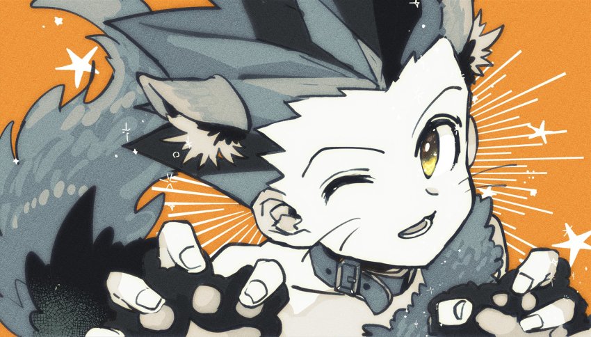 1boy, ;), animal_ears, black_hair, collar, gon_freecss, halloween_costume, highres