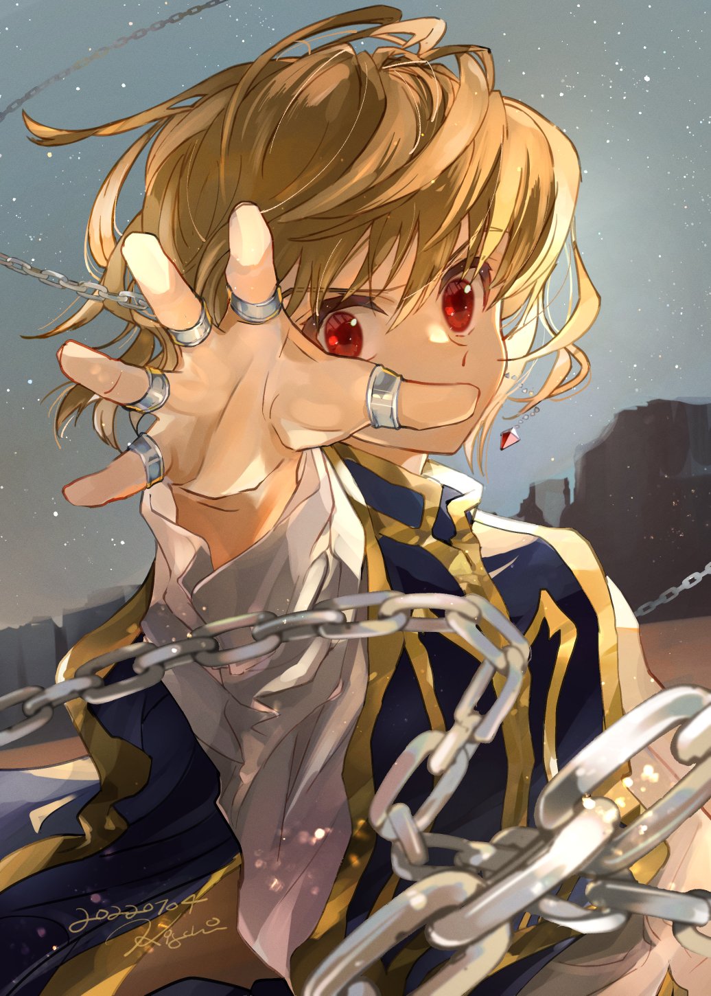 1boy, blonde_hair, chain, fighting, hand_up, highres, hunter_x_hunter, kigchi, kurapika, male_focus, outdoors, red_eyes, short_hair, solo, trap