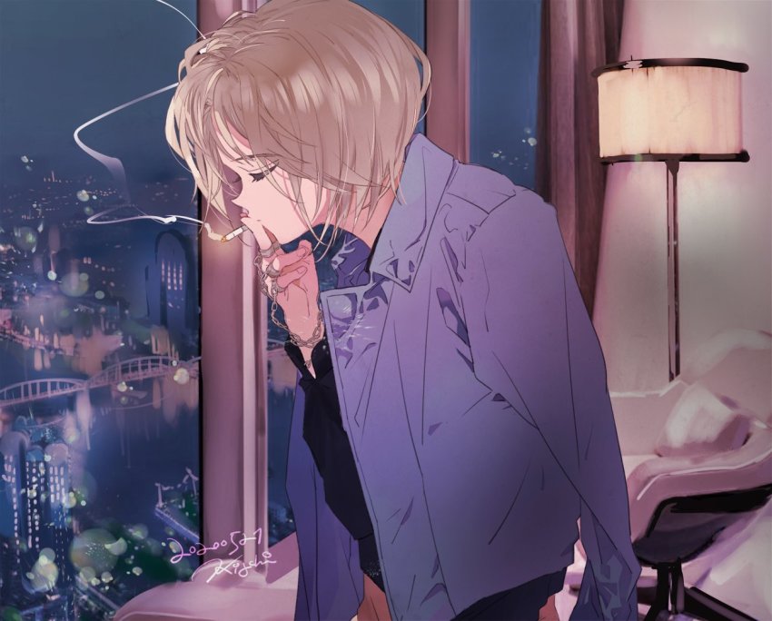 1boy, blonde_hair, chain, cigarette, closed_eyes, from_side, hunter_x_hunter, indoors