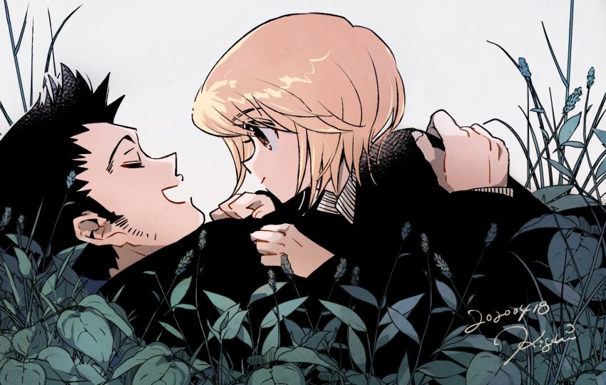 2boys, black_hair, blonde_hair, formal_clothes, highres, hug, hunter_x_hunter, kigchi, kurapika, leorio_paladiknight, lying_on_person, male_focus, multiple_boys, plant, smile, suit, trap, yaoi