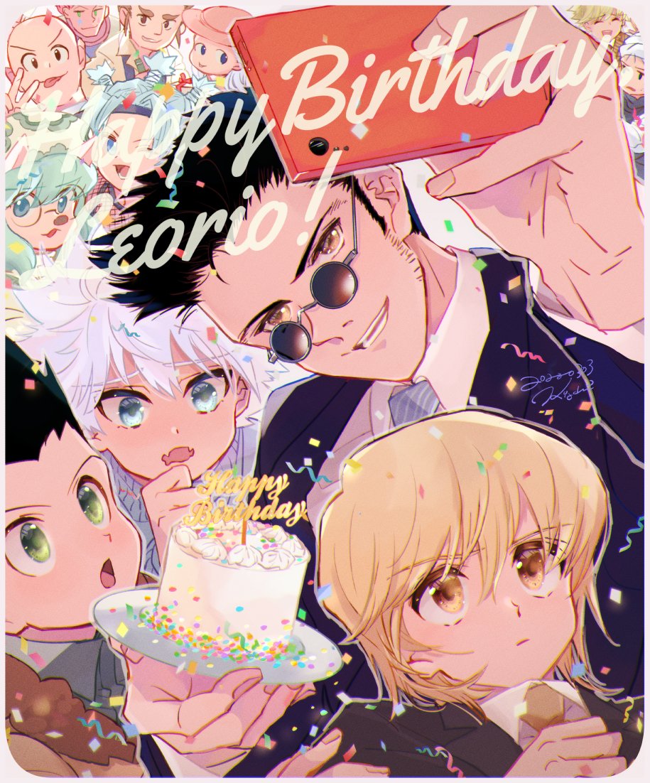 black_hair, blonde_hair, blue_eyes, brown_hair, cake, cheadle_yorkshire, confetti, english_text, food, formal_clothes, ging_freecss, gon_freecss, green_eyes, group_picture, hanzo_(hunter_x_hunter), happy_birthday, hisoka_morow, holding, holding_phone, hunter_x_hunter, kigchi, killua_zoldyck, kurapika, leorio_paladiknight, male_focus, menchi_(hunter_x_hunter), pariston_hill, phone, senritsu, smile, suit, sunglasses, white_hair, yellow_eyes, zepile