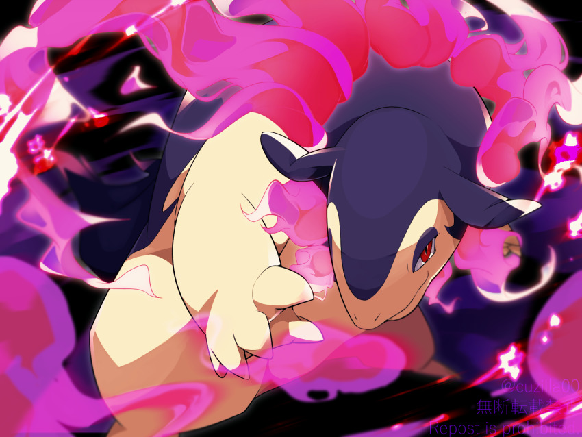 animal_focus, black_background, closed_mouth, commentary_request, fire, hand_up, highres, hisuian_typhlosion