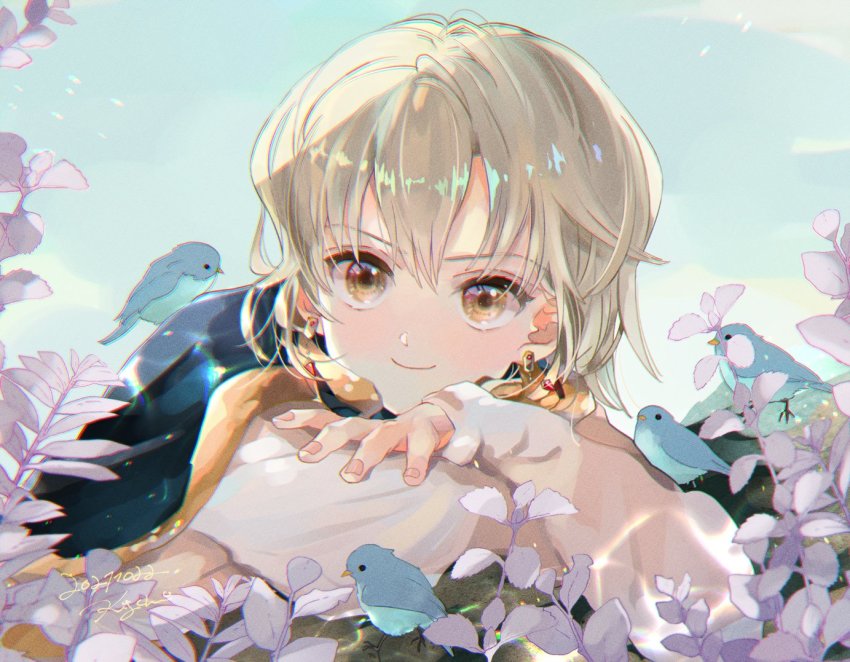 1boy, bird, blonde_hair, earrings, hunter_x_hunter, jewelry, kigchi, kurapika