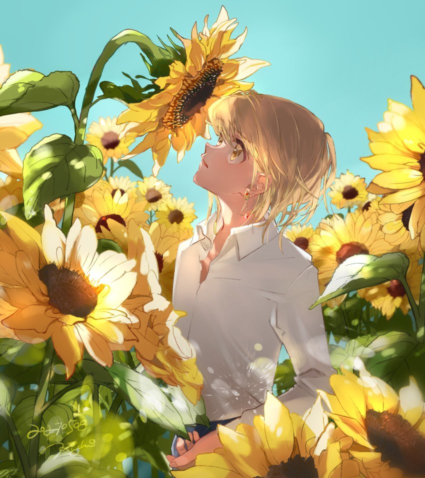 1boy, blonde_hair, earrings, field, flower, flower_field, highres, hunter_x_hunter
