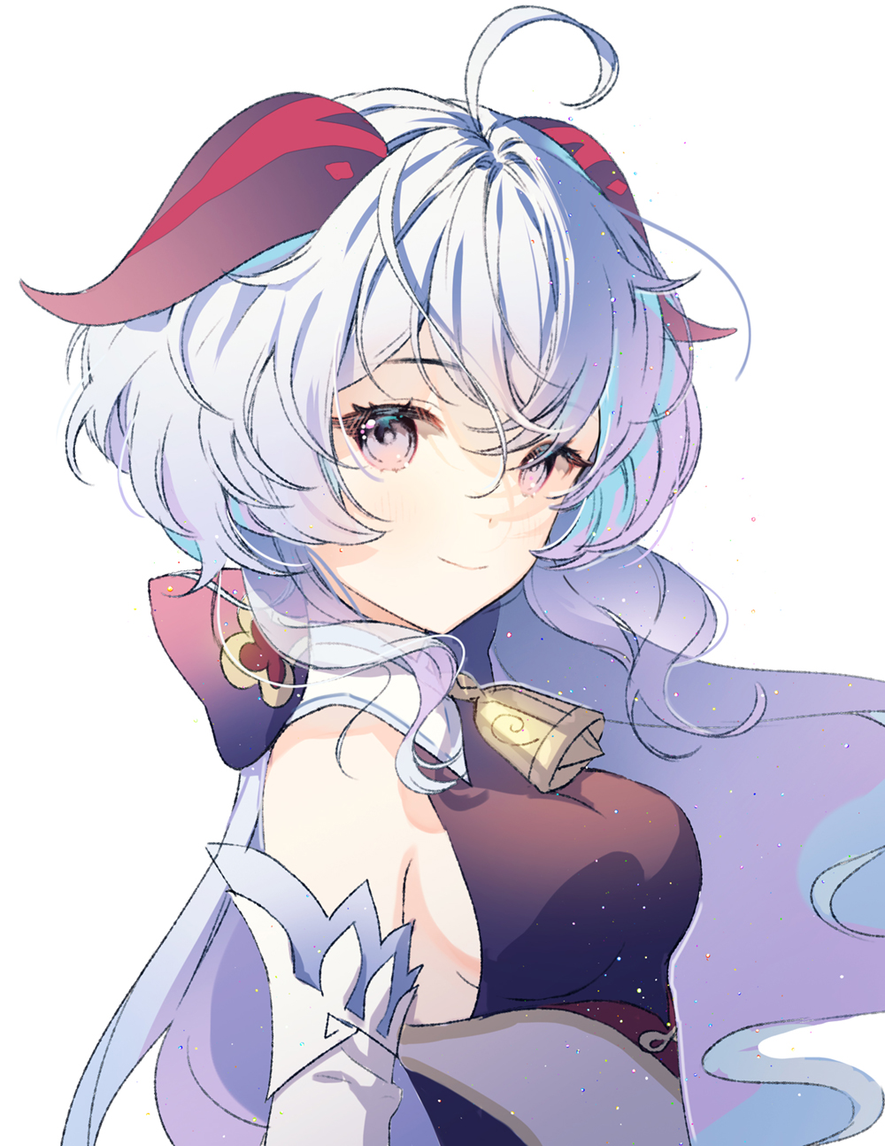 1girl, ahoge, bare_shoulders, bell, blue_hair, bow, breasts, detached_sleeves, ganyu_(genshin_impact), genshin_impact, highres, horns, long_hair, looking_at_viewer, medium_breasts, neck_bell, purple_eyes, rumi_(rarumi11), sideboob, smile, solo, upper_body, white_background, white_sleeves
