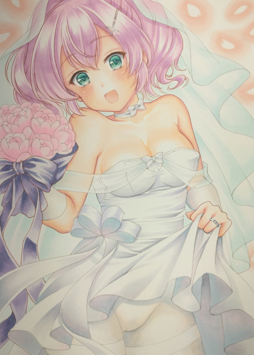 1girl, absurdres, alternate_costume, azur_lane, blue_eyes, bouquet, breasts, bridal_legwear