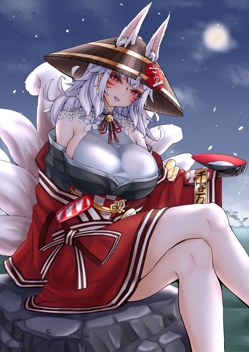 absurdres, animal_ears, black_gloves, black_hat, black_kimono, breasts, checkered_sash, crossed_legs