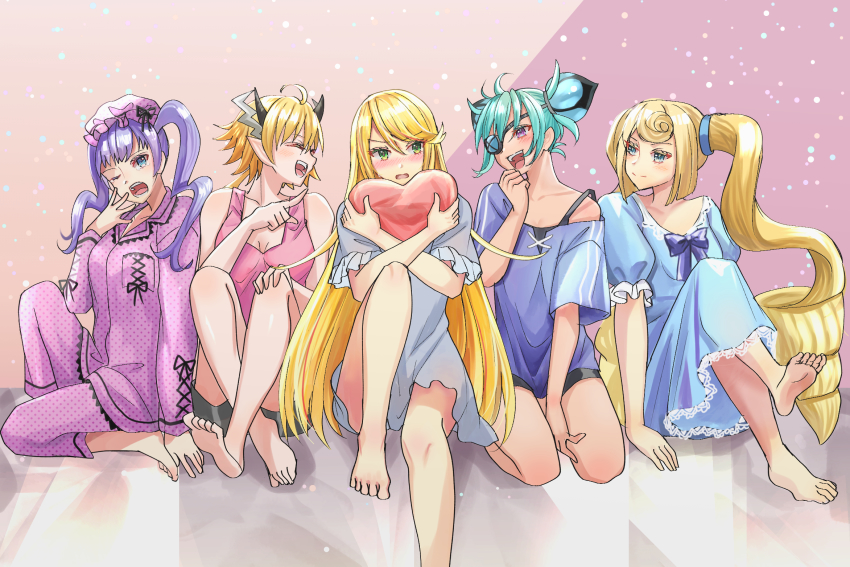 5girls, blonde_hair, drill_hair, heart, highres, kora_(xenoblade), long_hair, multiple_girls