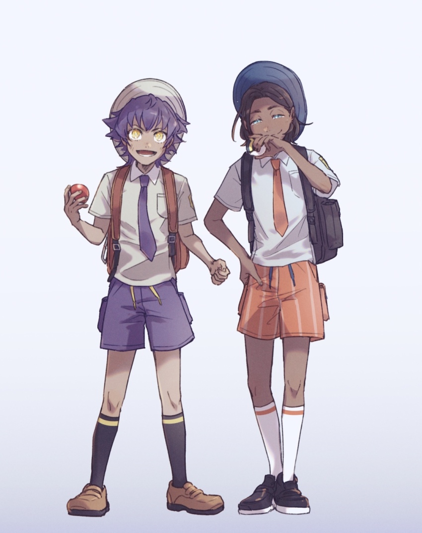 2boys, :d, aged_down, black_footwear, black_socks, blue_headwear, brown_footwear, collared_shirt