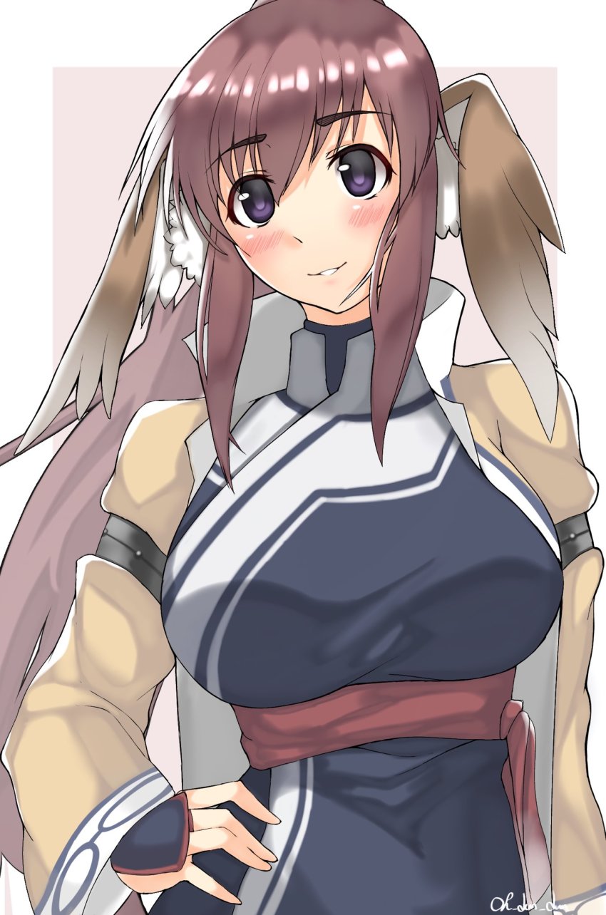 1girl, absurdly_long_hair, ainu_clothes, animal_ears, aquaplus, blush, breasts, coat