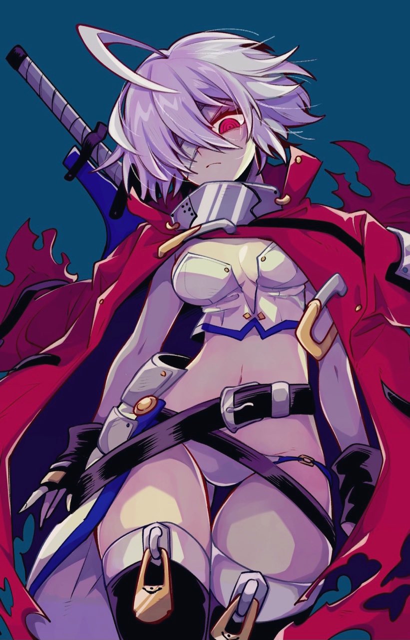 1girl, ahoge, bandage_over_one_eye, bandages, belt, belt_buckle, bikini, bikini_bottom_only, black_belt, black_gloves, blazblue, blazblue_alternative:_dark_war, blue_background, blue_bikini, boots, breasts, buckle, fingerless_gloves, frown, gloves, hair_between_eyes, highres, jacket, jacket_on_shoulders, mako_gai, medium_breasts, medium_hair, multiple_belts, navel, nu-13, red_eyes, red_jacket, silver_hair, simple_background, strapless, swimsuit, sword, sword_on_back, thigh_boots, thighhighs, torn_clothes, torn_coat, tube_top, weapon, weapon_on_back, white_bikini, white_tube_top