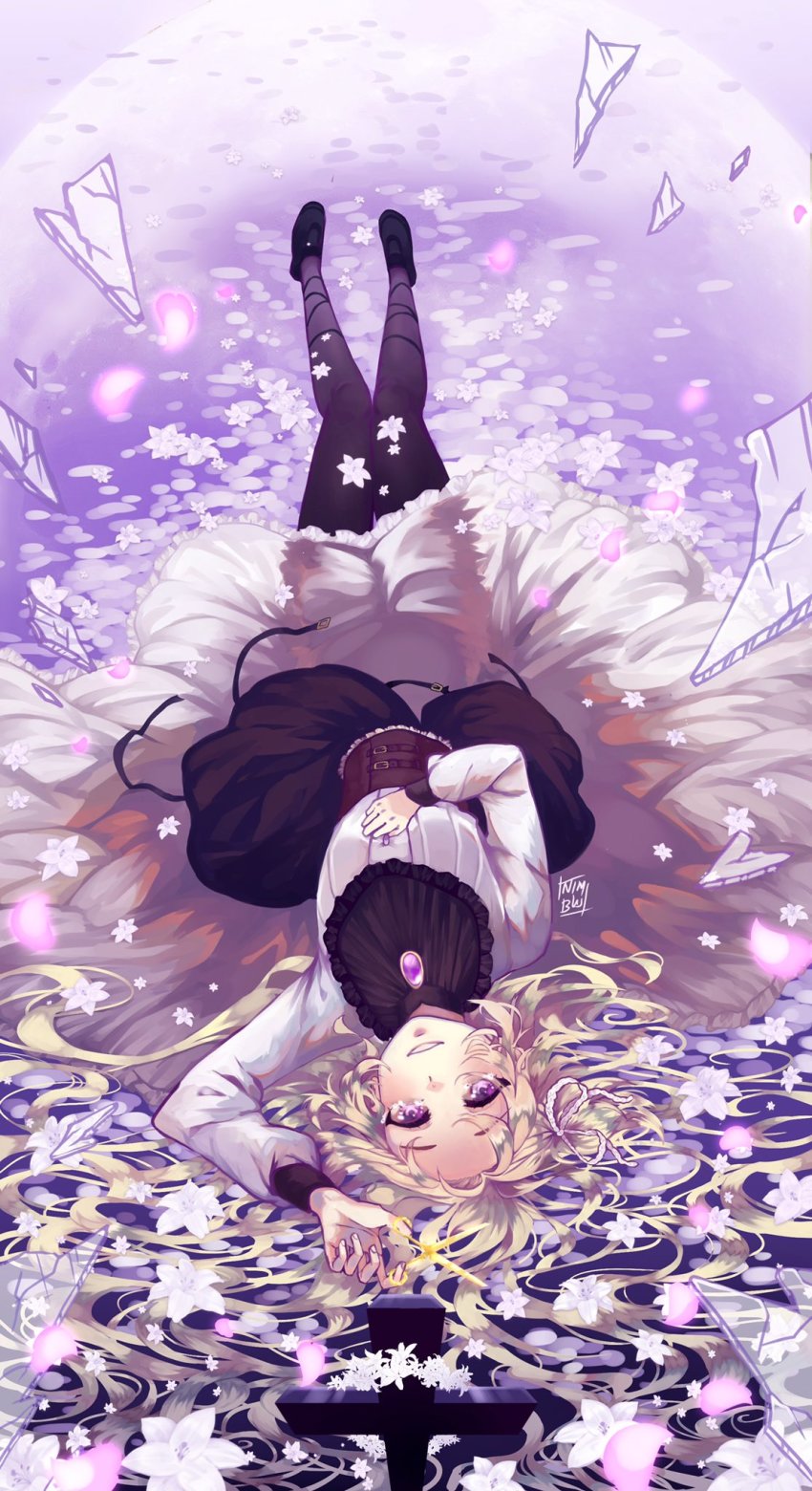 1girl, purple_gem, blonde_hair, cross, crying, dress, flower, full_body