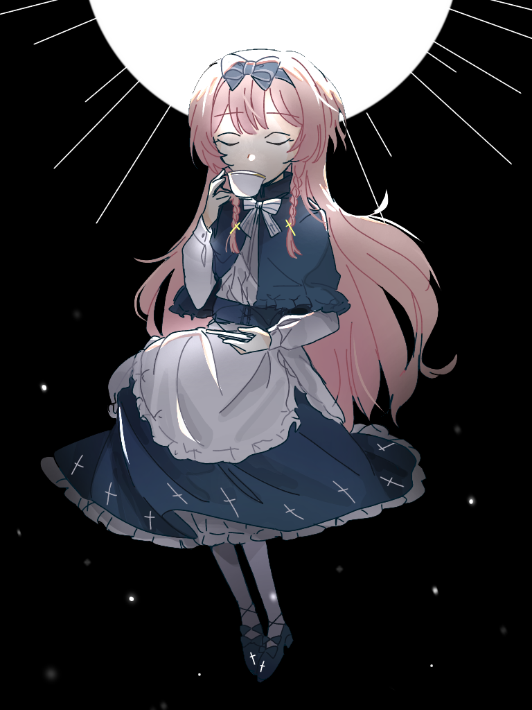 1girl, black_background, blonde_hair, blue_footwear, bow, bowtie, braid, cup