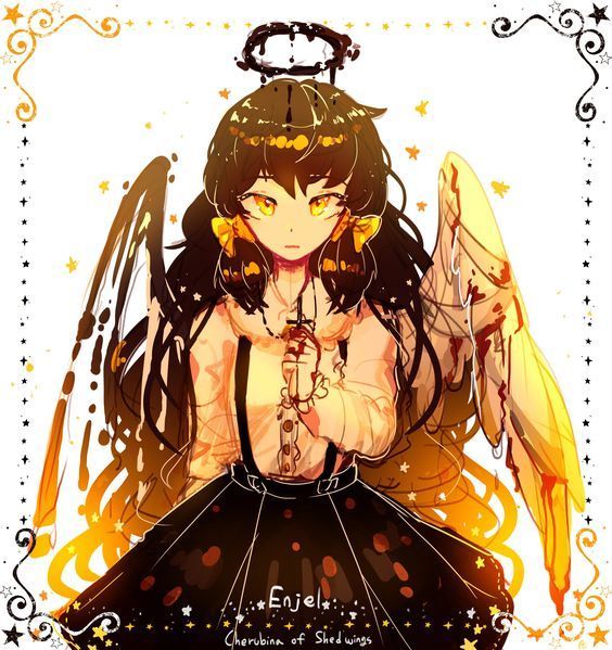 1girl, angel, angel_wings, bad_id, bad_twitter_id, black_hair, black_skirt, bow, cross, dress, enjel, facing_viewer, hair_bow, halo, hissflower, long_hair, long_sleeves, looking_at_viewer, overall_skirt, pale_skin, pocket_mirror, shirt, skirt, solo, white_shirt, wings, yellow_eyes