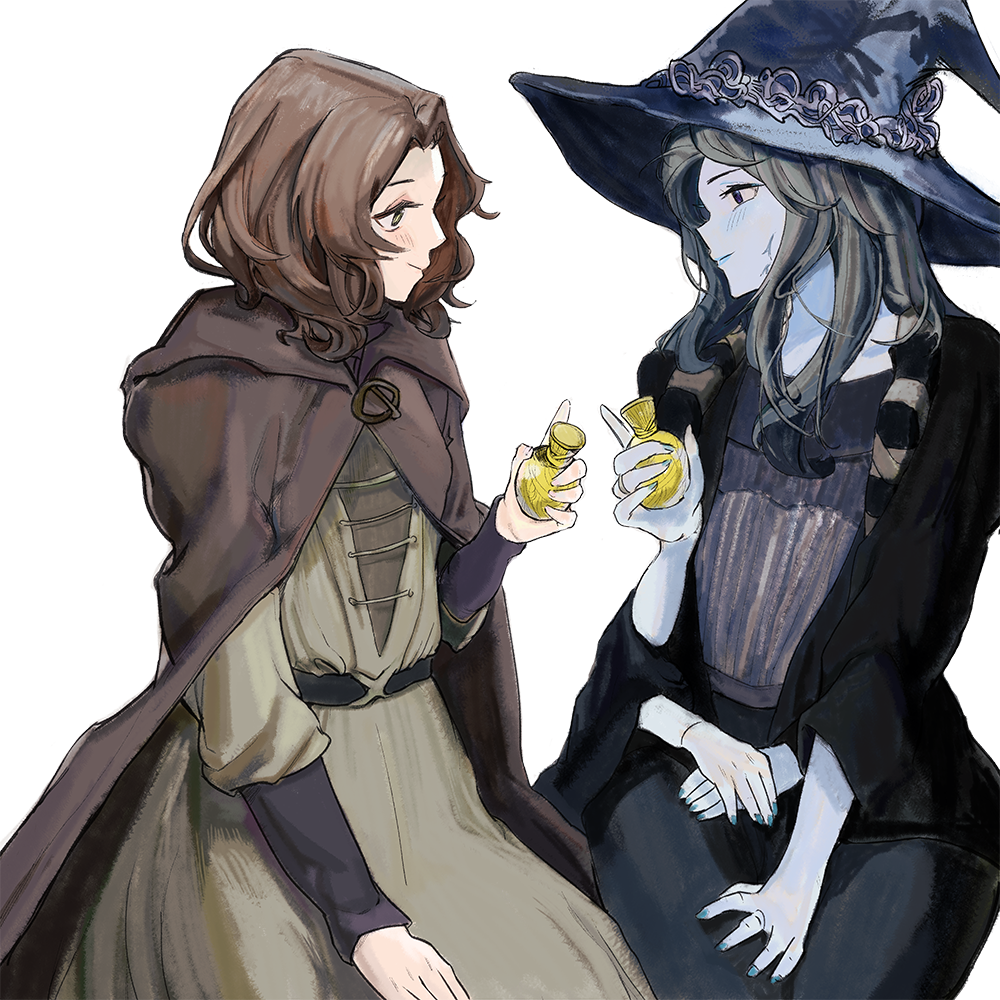 2girls, alternate_costume, bei_chelun_de_daquan_yangcong_anakin, black_cloak, blue_eyes, blue_skin, blush, brown_hair, cape, cloak, closed_mouth, coat, colored_skin, cracked_skin, dress, elden_ring, extra_arms, facial_tattoo, flask, fur_coat, fur_trim, hat, hood, hooded_cloak, long_hair, long_sleeves, medium_hair, melina_(elden_ring), multiple_girls, one-eyed, one_eye_closed, ranni_the_witch, scar, scar_across_eye, scar_on_face, short_hair, simple_background, smile, tattoo, upper_body, witch, witch_hat, yellow_eyes