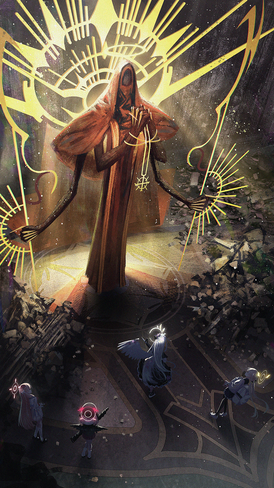 4girls, assault_rifle, aura, azusa_(blue_archive), backpack, bag, black_pantyhose, black_wings