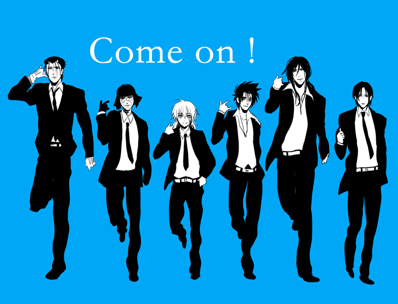 6+boys, bad_id, bad_pixiv_id, belt, blue_background, blue_theme, formal_clothes, gloves