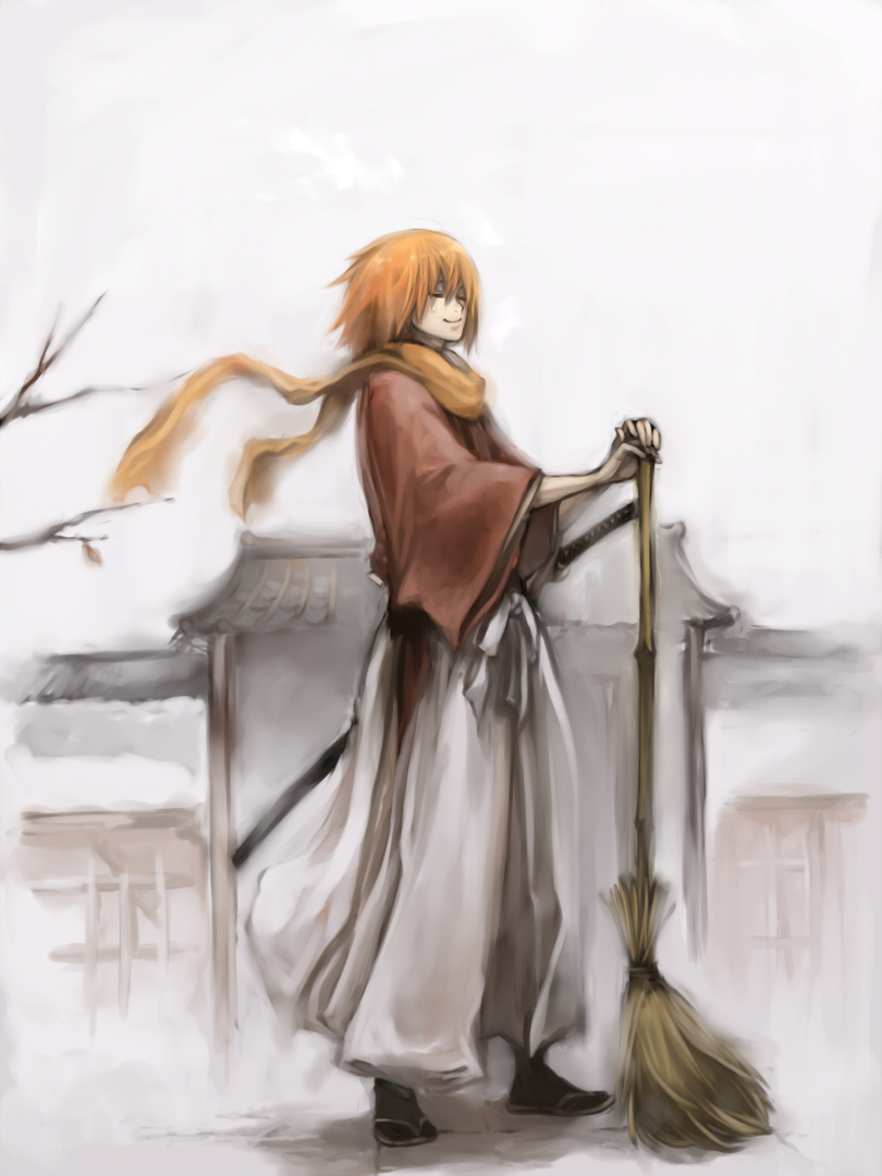 1boy, alternate_hairstyle, broom, brown_hair, brown_theme, closed_eyes, hakama, hakama_skirt