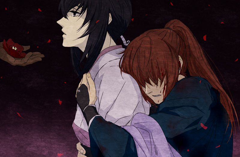 1boy, 1girl, armor, bad_id, bad_pixiv_id, black_hair, blood, closed_eyes, couple, covered_eyes, cuts, empty_eyes, eyelashes, flower, from_side, hetero, high_ponytail, himura_kenshin, hug, hug_from_behind, injury, japanese_armor, japanese_clothes, kimono, kote, kurosuke_(nora), long_hair, low_ponytail, petals, ponytail, rurouni_kenshin, sad, samurai, scar, tears, yukishiro_tomoe
