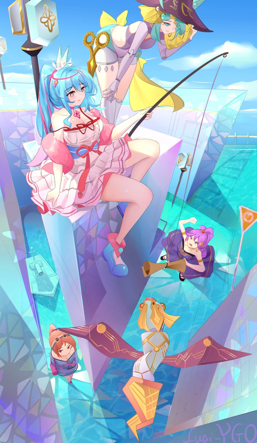 4girls, absurdres, adapted_costume, alternate_breast_size_(larger), arm_up, bare_shoulders, blue_hair, breasts, choker, clenched_hand, doll_joints, dragon, dress, duel_monster, fishing_rod, goggles, goggles_on_head, green_eyes, green_hair, hat, highres, joints, large_breasts, luai, medium_breasts, multicolored_hair, multiple_girls, orange_hair, pink_hair, ponytail, purple_dress, purple_eyes, purple_hair, rilliona_(yu-gi-oh!), scroll, shoes, sign, sitting, streaked_hair, witch_hat, witchcrafter_edel, witchcrafter_golem_aruru, witchcrafter_madame_verre, witchcrafter_schmietta, yu-gi-oh!