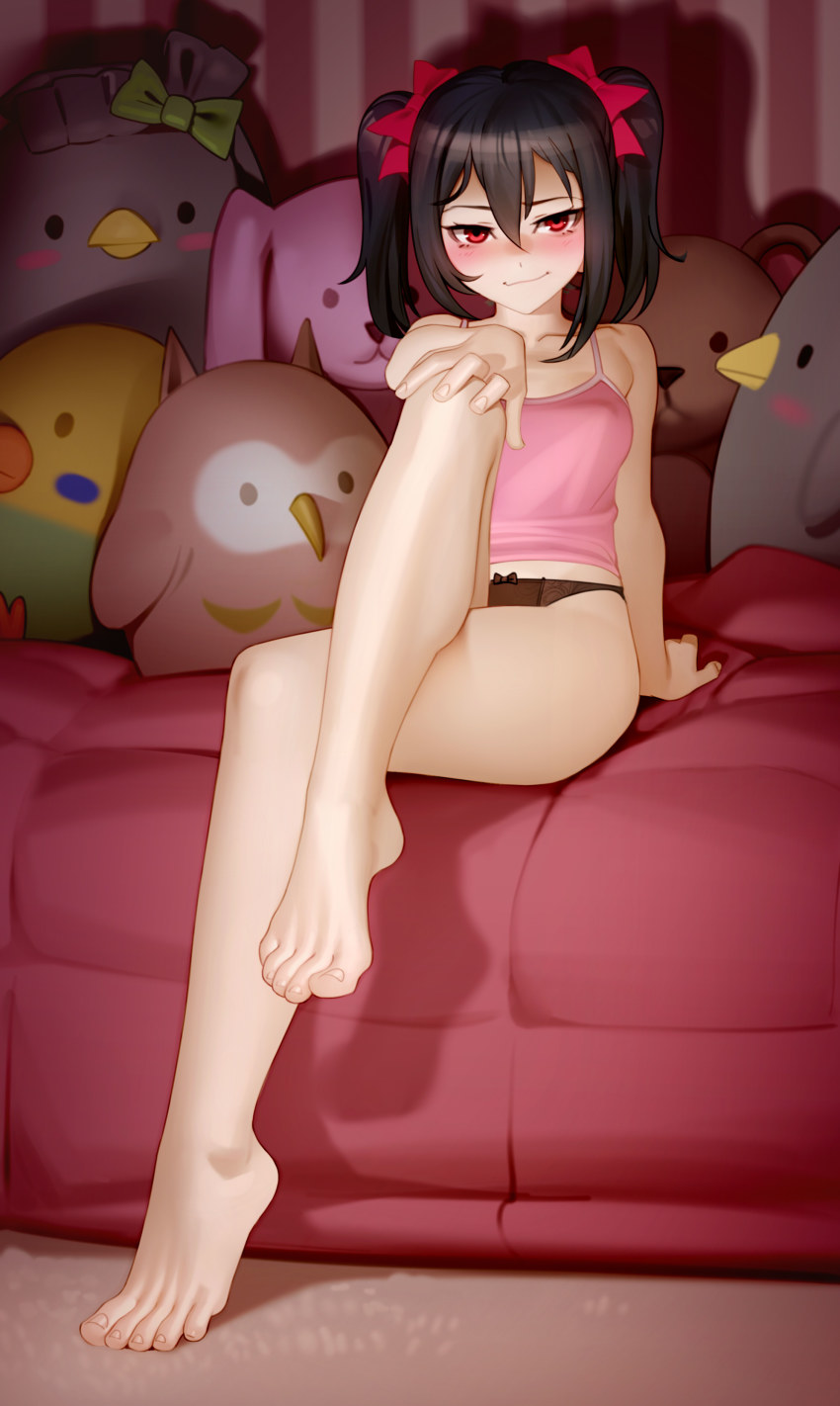 1girl, absurdres, bare_arms, bare_legs, barefoot, black_bow, black_hair, black_panties, blush, bow, bow_panties, breasts, camisole, closed_mouth, collarbone, commentary, covered_erect_nipples, crossed_legs, english_commentary, feet, female_focus, full_body, hair_between_eyes, hair_bow, hand_on_own_knee, highres, kairunoburogu, looking_at_viewer, love_live!, love_live!_school_idol_project, medium_hair, panties, pink_shirt, red_bow, red_eyes, shirt, sitting, small_breasts, smile, smirk, solo, stuffed_animal, stuffed_bird, stuffed_toy, toes, twintails, underwear, yazawa_nico