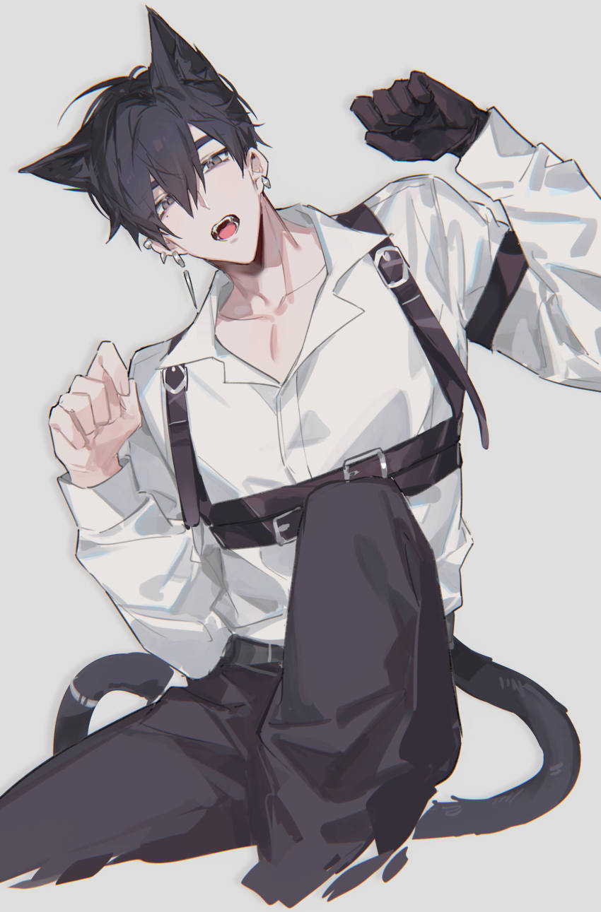 1boy, absurdres, animal_ears, belt, black_gloves, black_hair, black_pants, brown_eyes