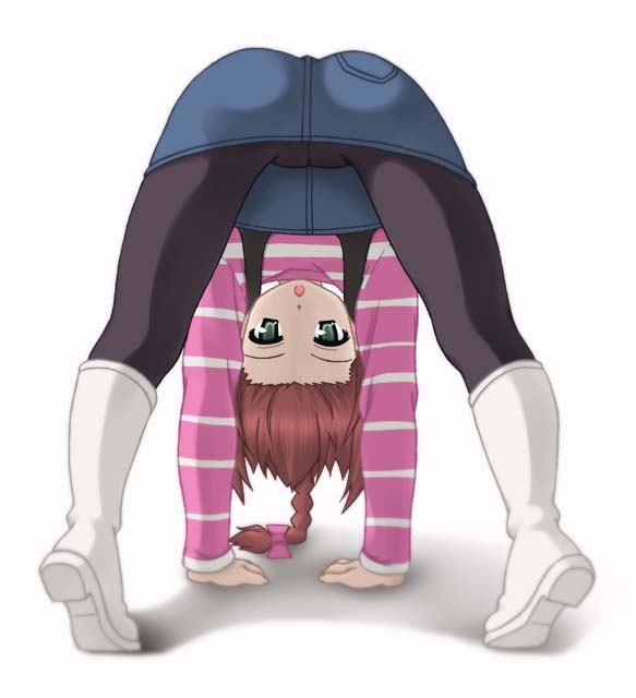 1girl, ass, boots, braid, darker_than_black, female_focus, green_eyes, hands_reach_floor, ooba_kou, open_mouth, pantyhose, pencil_skirt, red_hair, skirt, solo, suou_pavlichenko, top-down_bottom-up, upskirt