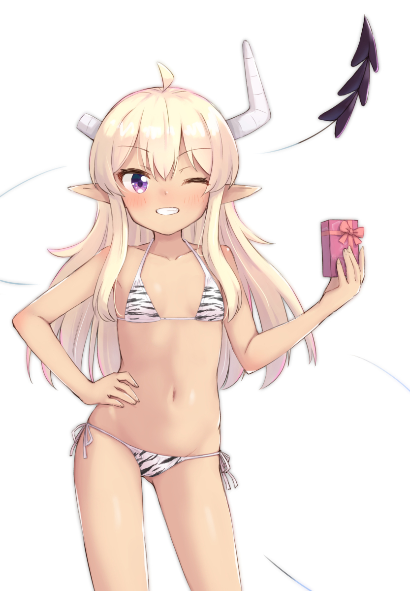 1girl, ahoge, animal_print, bikini, blonde_hair, blush, border, breasts