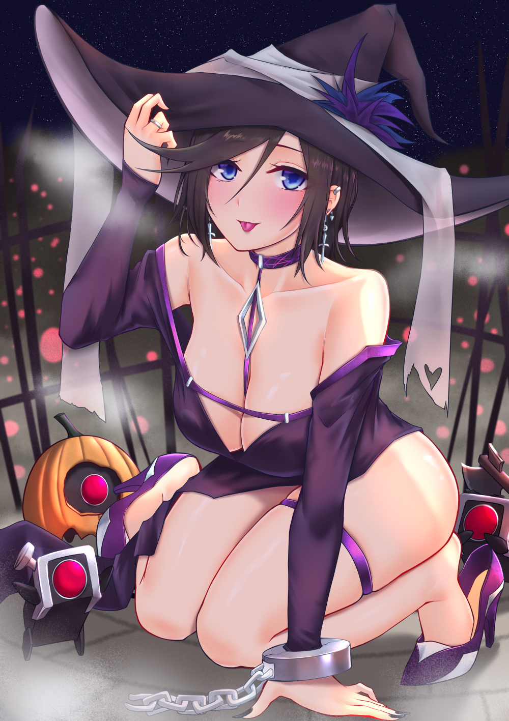 1girl, bare_shoulders, black_hair, blue_eyes, breasts, chain, chinese_commentary, cleavage, collarbone, commentary, commentary_request, costume, dinergate_(girls'_frontline), earrings, english_commentary, girls'_frontline, halloween, hat, high_heels, highres, intruder_(girls'_frontline), intruder_(sorceress_of_the_end)_(girls'_frontline), jewelry, kneeling, large_breasts, large_hat, long_hair, long_sleeves, looking_at_viewer, mixed-language_commentary, off_shoulder, popoman, purple_footwear, robot, sangvis_ferri, short_hair, smile, solo, thigh_strap, thighs, witch_hat