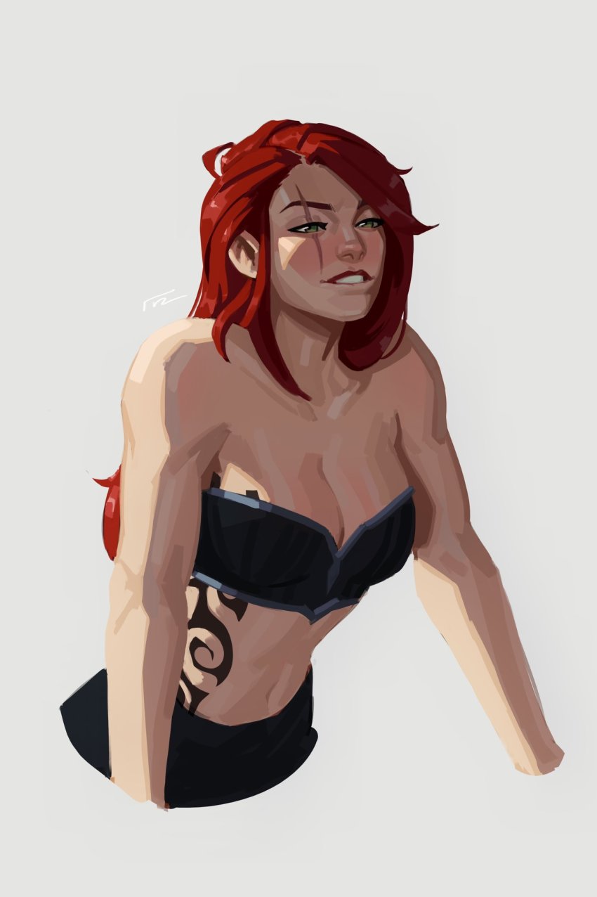 1girl, bare_arms, bare_shoulders, breasts, brown_eyes, cleavage, collarbone, cropped_legs, grey_background, grin, highres, katarina_(league_of_legends), league_of_legends, long_hair, luzdanaee, navel, red_hair, scar, scar_across_eye, scar_on_face, simple_background, smile, solo, stomach, tattoo, teeth