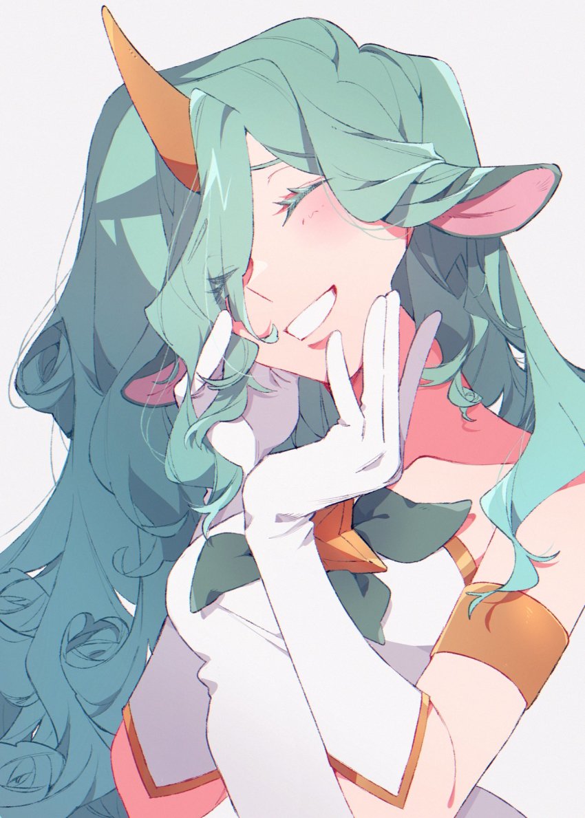 1girl, 34_lol7, animal_ears, bare_shoulders, breasts, closed_eyes, collarbone, cow_ears, dress, gloves, green_hair, grin, highres, horns, league_of_legends, long_hair, medium_breasts, single_horn, smile, soraka_(league_of_legends), star_guardian_(league_of_legends), star_guardian_soraka, teeth, white_dress, white_gloves