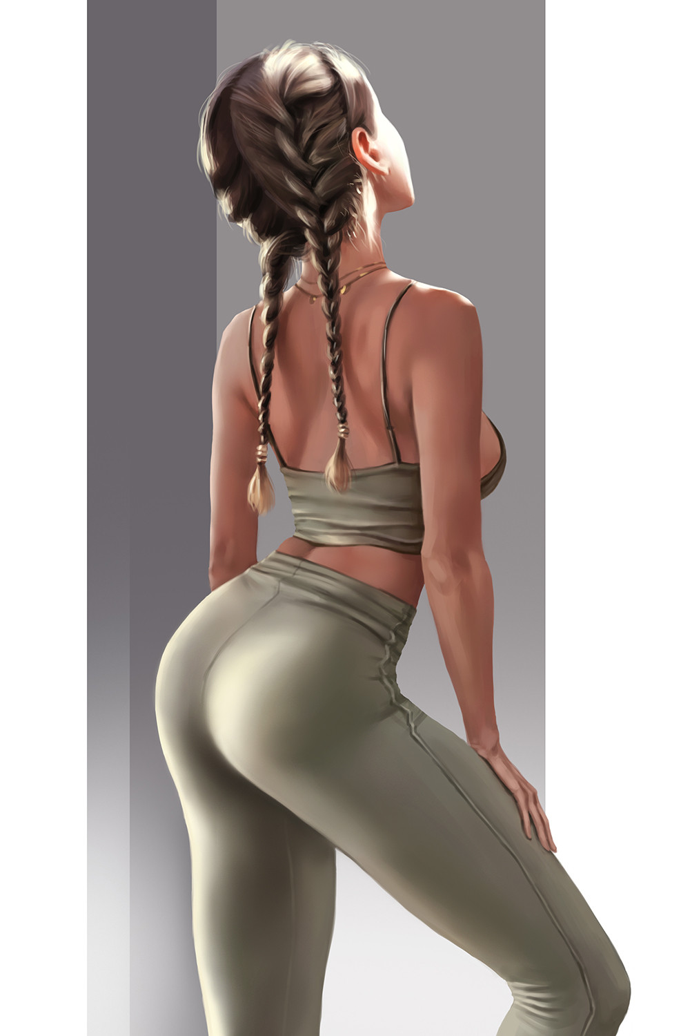 ass, bare_arms, bare_shoulders, braid, breasts, camisole, dark-skinned_female, dark_skin, facing_away, facing_up, feet_out_of_frame, french_braided_twintails, from_behind, from_side, grey_background, grey_pants, hair_ornament, highres, jewelry, long_hair, midriff, necklace, original, pants, sideboob, skin_tight, sleeveless, solo, standing, twin_braids, twintails, yanghuan