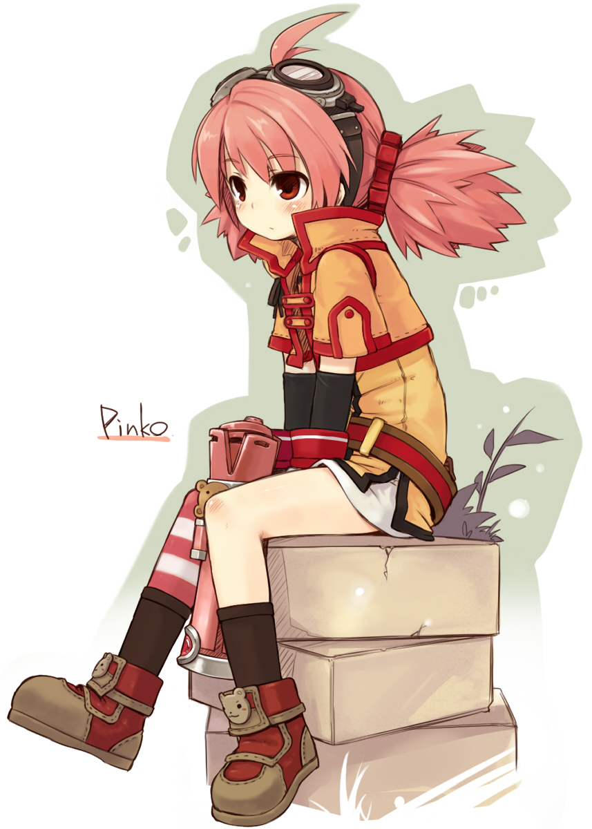 1girl, 7010, ahoge, boots, female_focus, goggles, goggles_on_head, gun, highres, pink_hair, pinko, red_eyes, short_hair, sitting, solo, tartaros_online, weapon