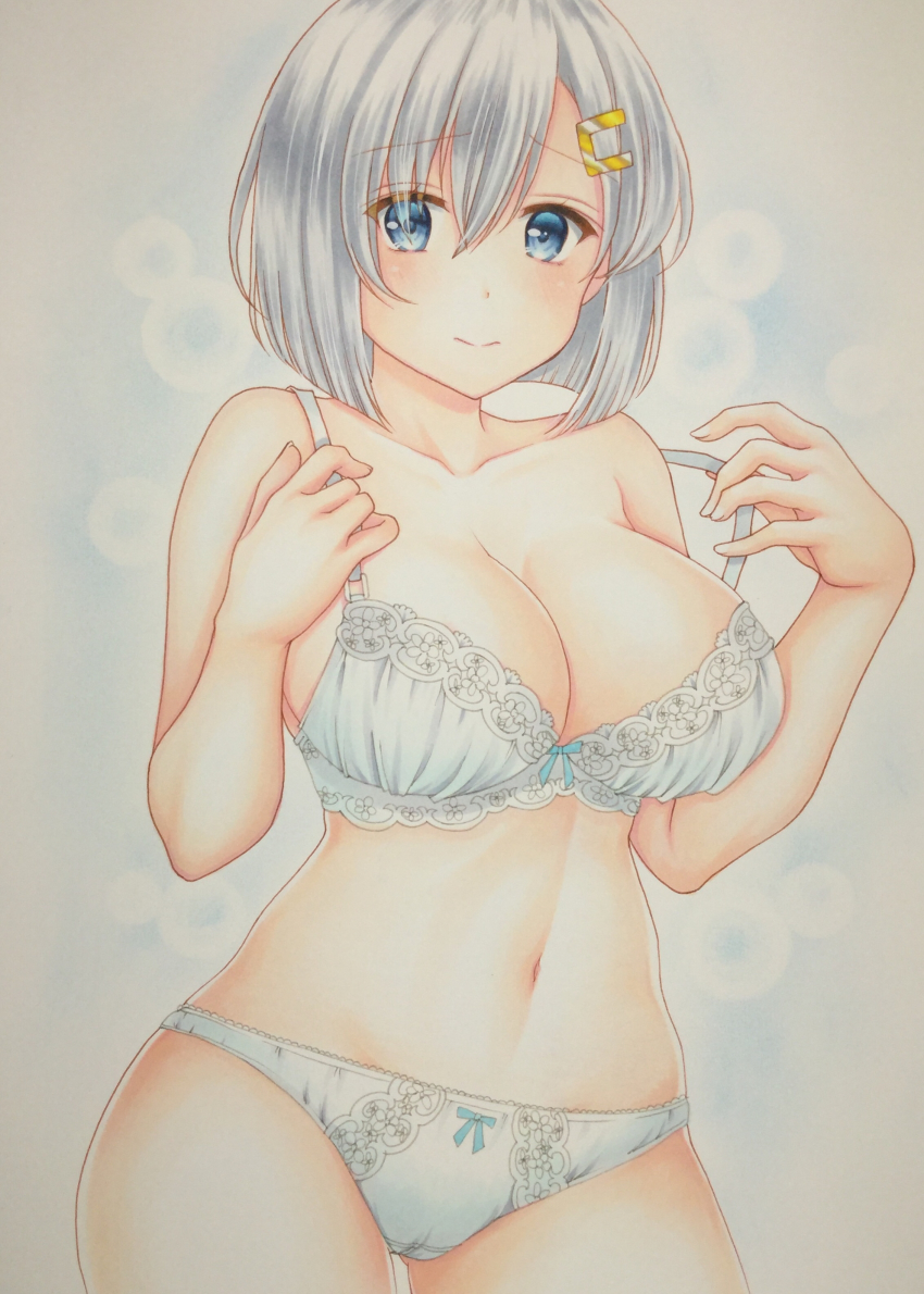 1girl, absurdres, blue_eyes, bra, breasts, bubble_background, cleavage, grey_hair, hair_ornament, hamakaze_(kancolle), highres, kantai_collection, kumaccyo, large_breasts, lingerie, looking_away, marker_(medium), panties, ribbon, ribbon_as_bra, bow_panties, short_hair, shy, solo, traditional_media, underwear, white_bra, white_panties
