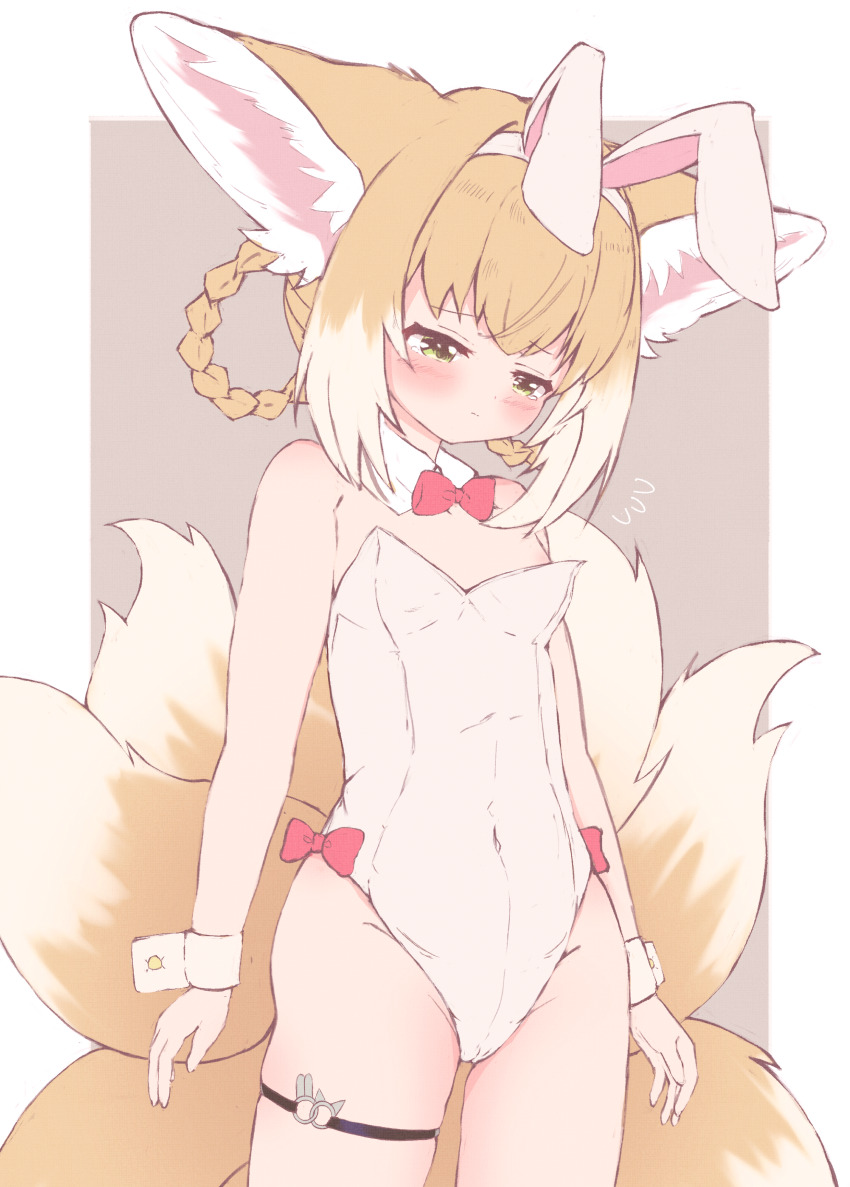 absurdres, alternate_costume, animal_ear_fluff, animal_ears, arknights, bad_id, bad_pixiv_id, bare_shoulders, blonde_hair, blush, bow, bowtie, braid, braided_hair_rings, breasts, chrocatz, covered_navel, detached_collar, embarrassed, fake_animal_ears, flying_sweatdrops, fox_ears, fox_girl, fox_tail, groin, hair_rings, highres, leotard, long_hair, multiple_tails, playboy_bunny, rabbit_ears, red_bow, red_bowtie, small_breasts, solo, suzuran_(arknights), tail, tears, thigh_strap, thighs, twin_braids, twintails, white_leotard, wrist_cuffs